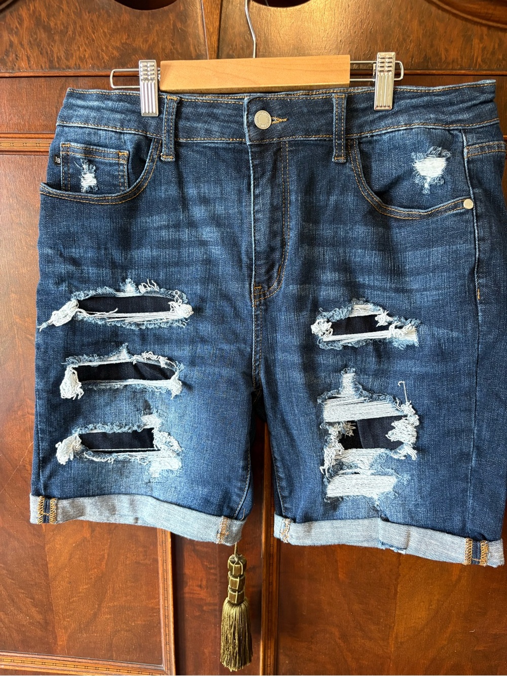 Judy Blue Dark Blue Distressed Rolled Hem Denim Shorts